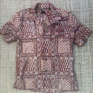 Todd Snyder Men’s Red Kalamkari Block Print Short Sleeve Camp Collar Cotton M